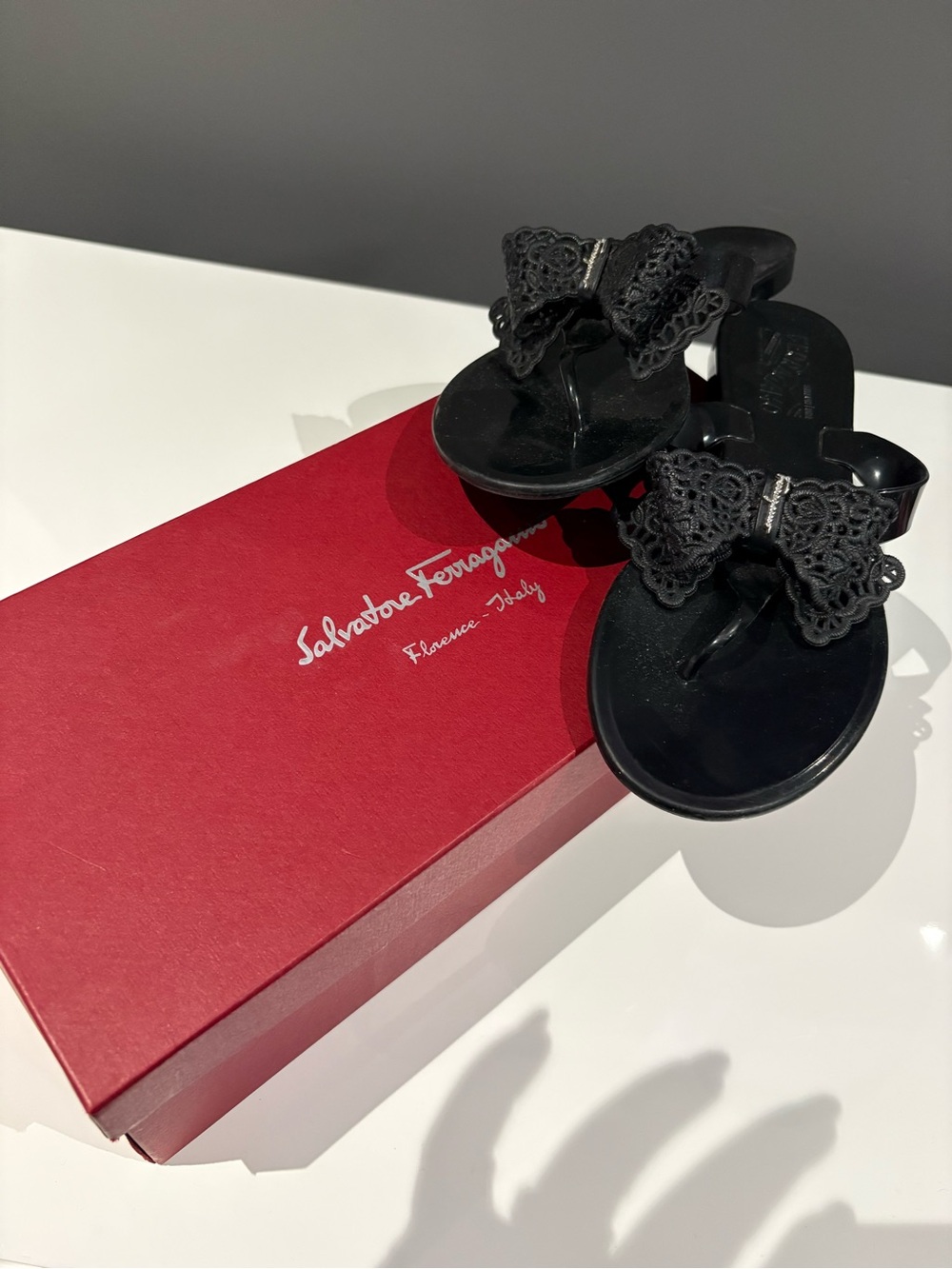 Salvatore Ferragamo Black Bow Jelly Thong Sandals